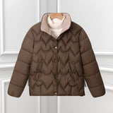 Damen kurze Steppjacke mit Bogensteppung und Druckknopfblende – Braun