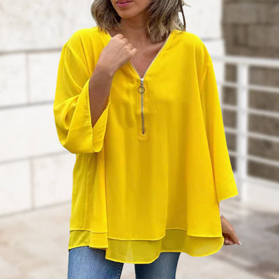 Elegantes Damen Chiffon-Top mit V-Ausschnitt und Reißverschluss