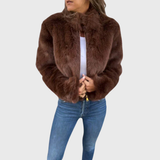 Greta | Warme Damen Fleecejacke Teddy modern elegant – Braun