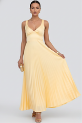 Kerstin | Damen V-Ausschnitt Maxikleid mit plissiertem Rock – Gelb