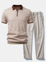 Herren Kurzarm Zip Polo & Elastischer Bund Gerade-Hosen Set – Beige