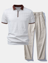 Herren Kurzarm Zip Polo & Elastischer Bund Gerade-Hosen Set – Weiß