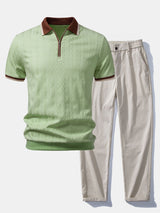 Herren Kurzarm Zip Polo & Elastischer Bund Gerade-Hosen Set – Hellgrün