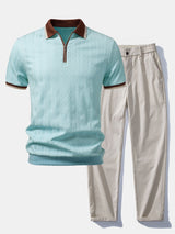 Herren Kurzarm Zip Polo & Elastischer Bund Gerade-Hosen Set – Hellblau