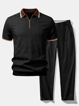 Herren Kurzarm Zip Polo & Elastischer Bund Gerade-Hosen Set – Schwarz