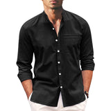 Polohemd Herren | Lässiger Stehkragen & Slim-Fit Langarm im Leinen-Look – Schwarz