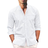Polohemd Herren | Lässiger Stehkragen & Slim-Fit Langarm im Leinen-Look – Weiß