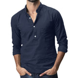 Polohemd Herren | Lässiger Stehkragen & Slim-Fit Langarm im Leinen-Look – Marineblau