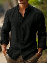 Polohemd Herren | Stehkragen & Leinen Langarm – Schwarz