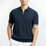 Poloshirt Herren | Kurzarm Strick-Polo mit Reißverschluss & Streifendetails – Marineblau