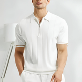 Poloshirt Herren | Kurzarm Strick-Polo mit Reißverschluss & Streifendetails – Weiß