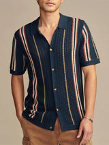 Poloshirt Herren | Offenes Strick-Polo mit Streifen & Vollknopfleiste – Marineblau