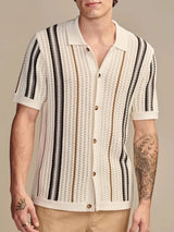 Poloshirt Herren | Offenes Strick-Polo mit Streifen & Vollknopfleiste – Beige