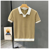Poloshirt Herren | Strick-Polo mit Fischgrät-Muster & Kontrastkragen – Khaki
