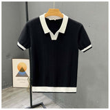 Poloshirt Herren | Strick-Polo mit Fischgrät-Muster & Kontrastkragen – Schwarz