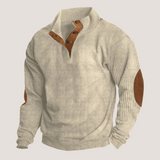 Pullover Herren | Stehkragen Pullover | Variable Kragenöffnung & Ellbogen-Patches – Beige