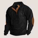 Pullover Herren | Stehkragen Pullover | Variable Kragenöffnung & Ellbogen-Patches – Schwarz