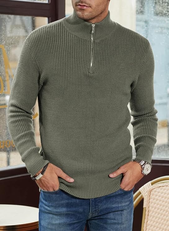 Pullover mit Viertelreißverschluss | Gestrickt | Rippstrick | Polopullover | Herrenpullover mit halbem Reißverschluss
