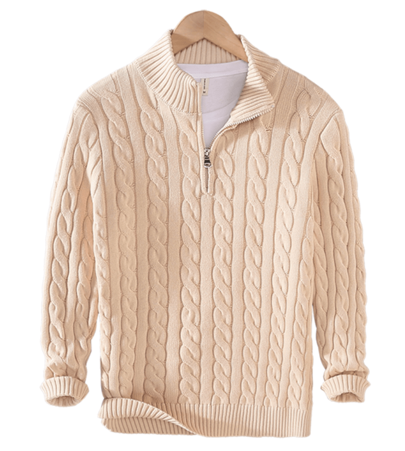 Pullover mit Viertelreißverschluss – Zopfmuster – Halbreißverschluss – Strickpullover – Herrenpullover mit Viertelreißverschluss