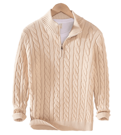 Pullover mit Viertelreißverschluss – Zopfmuster – Halbreißverschluss – Strickpullover – Herrenpullover mit Viertelreißverschluss