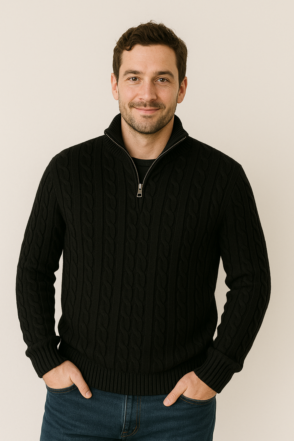 Pullover mit Viertelreißverschluss – Zopfmuster – Halbreißverschluss – Strickpullover – Herrenpullover mit Viertelreißverschluss