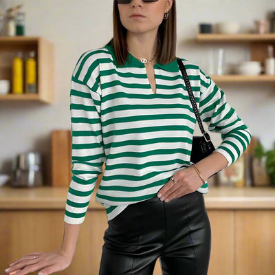 Damen Strickpullover Gestreift Oversize | Warmer Winterpullover mit Rundhals- und V-Ausschnitt