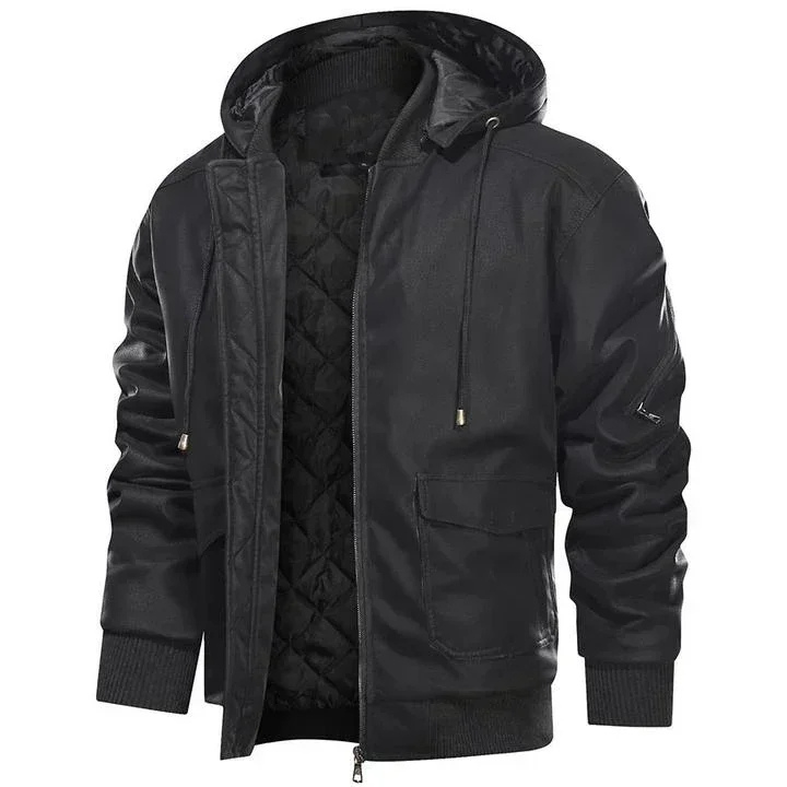 Robuste Herren Lederjacke mit Kapuze und praktischen Taschen