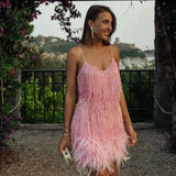 Claudia | Damen Cocktailkleid mit Fransen und Federn – Rosa
