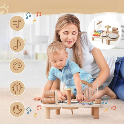 MelodyPlay Holzmusikspielzeug – All-in-One Pädagogisches Instrument für Kleinkinder mit Trommeln, Xylophon & Glocken
