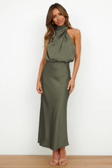 Doris | Damen Schickes Neckholder Abendkleid – Olivgrün