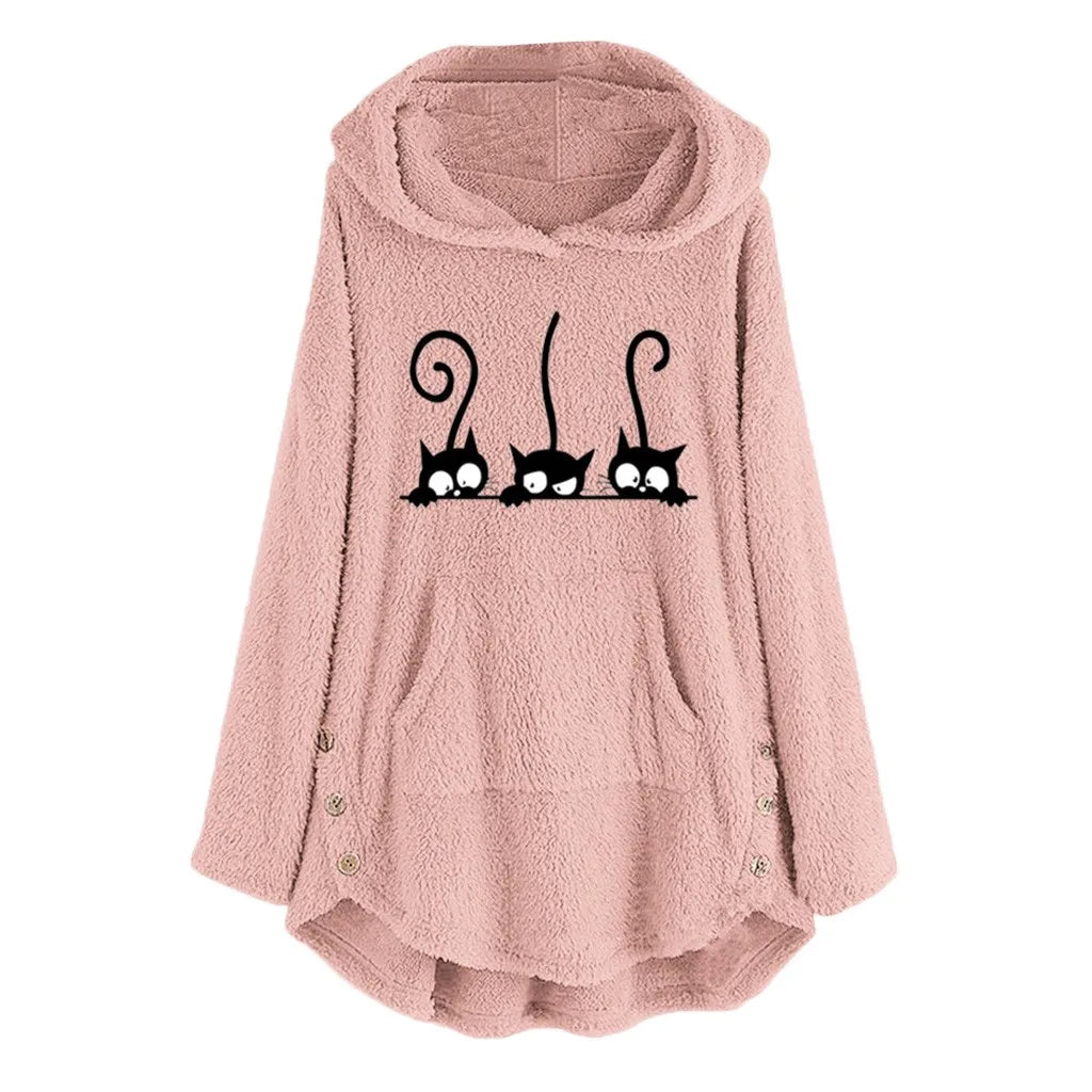 Lässiger Warmer Fleece-Hoodie mit Katzenstickerei für Damen | Ideal für den Winter