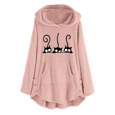 Lässiger Warmer Fleece-Hoodie mit Katzenstickerei für Damen | Ideal für den Winter
