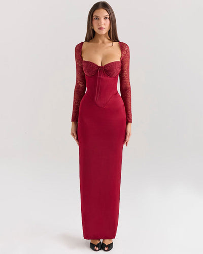 Florence - Langes Kleid mit langen Ärmeln in Weinrot und Spitze