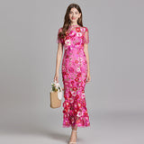 Verena | Damen Transparentes Maxikleid mit Blumenstickerei – Dunkelrosa