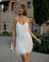 Claudia | Damen Cocktailkleid mit Fransen und Federn – Weiß