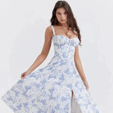 Midi-Kleid mit Blumenmuster für Damen | Korsett mit Seitenschlitz – Blaues Blumenmuster