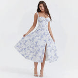 Linsay Blumenkleid – Midi-Kleid mit Korsett & Seitenschlitz – Blaues Blumen-Linsay