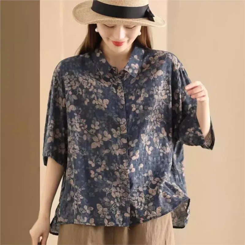 Damen Retro Blumenbluse | Button Down