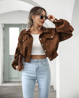 Sofia | Damen Cropped Jacke mit Taschen und Knöpfen – Kastanienbraun