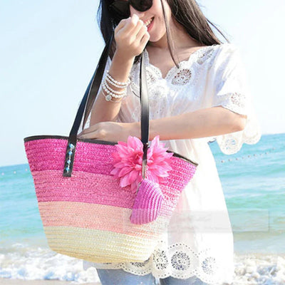 Große Strohtasche Damen – Handgefertigte Strandtasche mit Vegan-Leder-Trägern