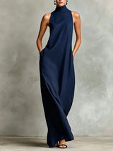 Orietta - Ärmelloses Maxikleid mit hohem Kragen – Marineblau