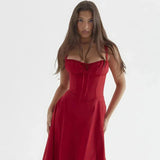 Midi-Kleid mit Blumenmuster für Damen | Korsett mit Seitenschlitz – Rotes