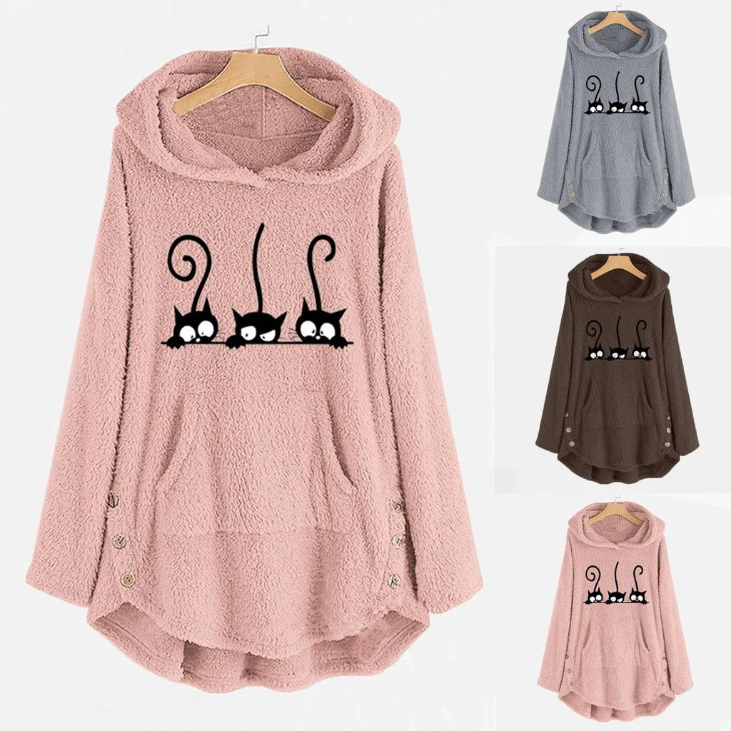 Lässiger Warmer Fleece-Hoodie mit Katzenstickerei für Damen | Ideal für den Winter