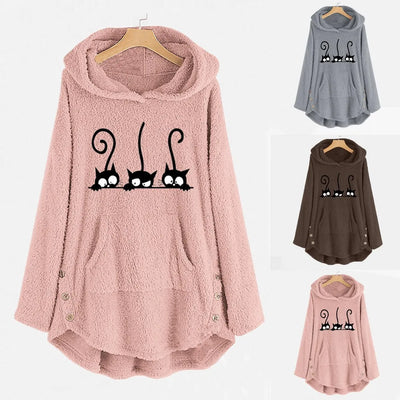 Lässiger Warmer Fleece-Hoodie mit Katzenstickerei für Damen | Ideal für den Winter