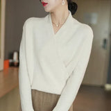 Emilia | Damen Frühlings-Wickelausschnitt-Stricktop – Weiß