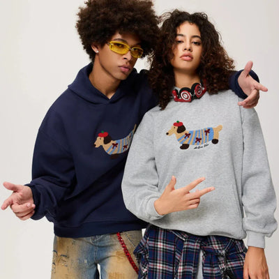 Unisex Oversize Hoodie mit Dackel-Stickerei und Kängurutasche