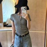 Damen Kurzarm T-Shirt Mit Knopfleiste – Lässiges Slim Fit Oberteil – Grau