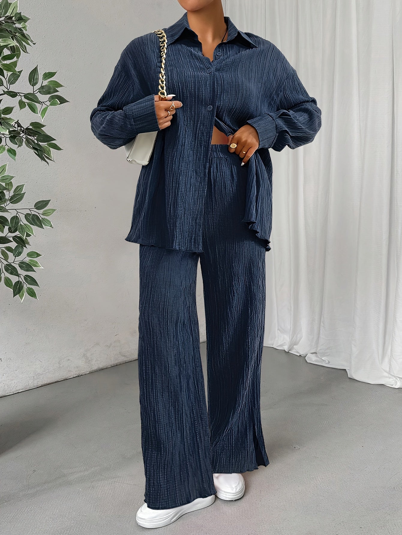 Elegantes Damen-Outfit Set: Langarm-Bluse mit Knopfleiste und elastische Taillenhose für Herbst/Winter