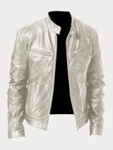 Herren Schwarze Leder Bikerjacke Premium Moto Stil – Slim Fit Jacke – Silber