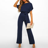 Weites Bein Jumpsuit Damen – Gürtel & Kurzarm – Dunkelblau